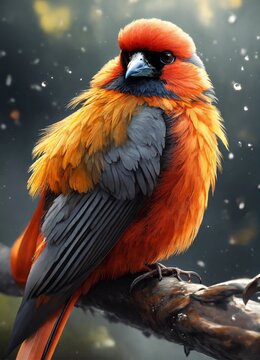 "Gray and red feathers on a bird, in the style of yellow and orange, water drob", extremely detailed, realistic photo, 4k realistic photo.