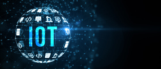 Internet of things - IOT concept. Businessman offer IOT products and solutions. The future of technology. Virtual screen of the future with the inscription: IOT. 3d illustration