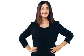 Happy woman, portrait and standing in business confidence isolated on a transparent PNG background. Attractive female person or professional employee smile with hands on hips in corporate management