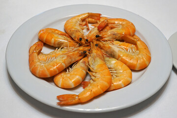 Close up Gambas Cocidas, Spanish recipe boiled shrimp