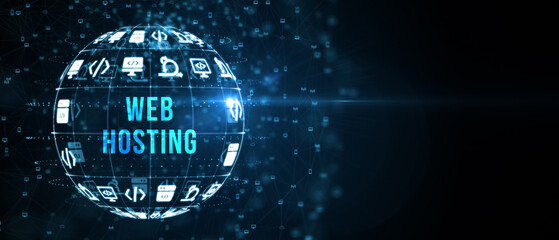 Web Hosting. The activity of providing storage space and access for websites. Business, modern technology, internet and networking concept. 3d illustration