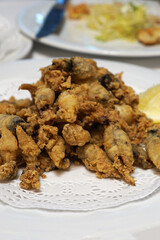 Close up Calamares Chopitos Fritos, Deep fried and battered baby squid