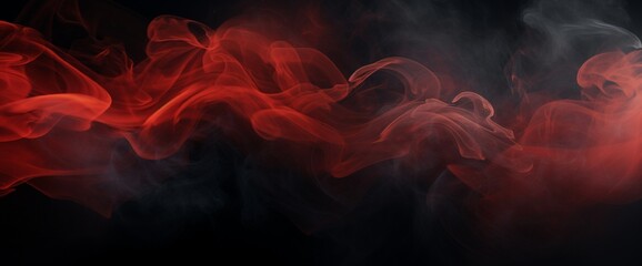 Panoramic view of the abstract fog. Red cloudiness, mist or smog moves on black background. Beautiful swirling smoke. Mockup for your logo. Wide angle horizontal wallpaper or web banner