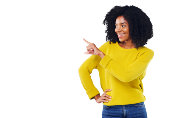 Happy woman, thinking and pointing with smile for offer, promotion or suggestion for decision. Black person, fashion and curly hair with gesture for choice on isolated or transparent png background