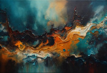 abstract painting done in dutch pouring style with texture and depth dark colours