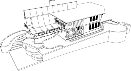 Vector sketch illustration of architectural design of rest house on mountain top
