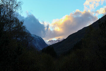 The view from the path through the mountain forest in Elbrus Region