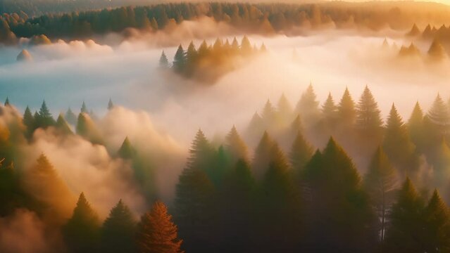 Beautiful forest in fog at sunset. Aerial forest in mountains time lapse. AI generated. Seamless loop