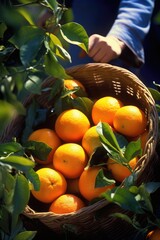 A gardener is picking oranges. On the ground are a couple of baskets with some oranges in them