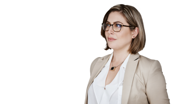 Thinking, serious and business woman with vision, inspiration or planning future strategy. Professional dream of idea, reflection and problem solving solution isolated on a transparent png background