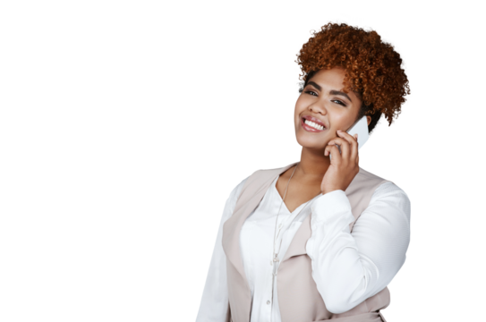 Portrait, businesswoman and phone call for idea with smile for talk in formal, fashion and afro. Professional, female consultant and mobile for communication on isolated or transparent png background