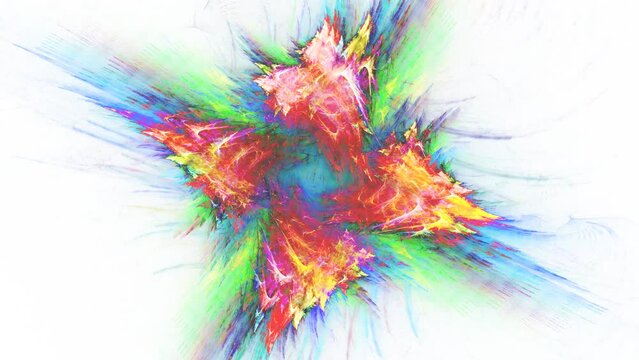 Combination of particles revolving, coruscating, flashing, changing shapes, colors. Metamorphoses of fractal forms with spin on white. Abstract square pattern in background center. 4K UHD 4096x2304