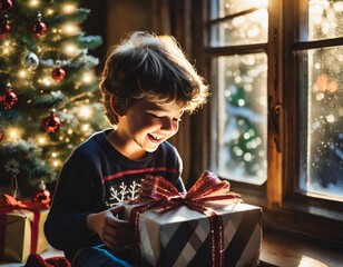 happy boy unwrapping a gift