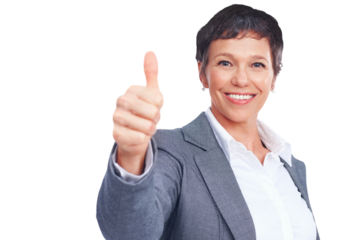 Business, thumbs up and portrait of mature woman isolated on transparent png background with smile. Happy businesswoman, office manager or professional person with thank you, agreement and gratitude.