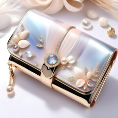 Exquisite soft wallet with mother-of-pearl, precious stones, and Color Series, capturing natural beauty and artistic comfort in a mysterious and enchanting style.(Generative AI)