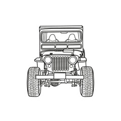 Military vehicle vector army 4X4 car vector illustration line art, Front view, Hand-Drawn Outline Design, isolated on white background