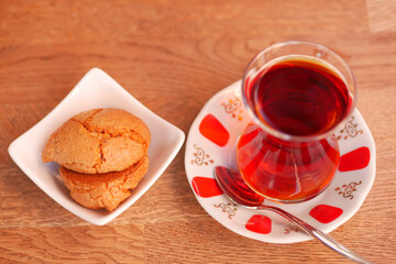 Traditional turkish tea on white table .