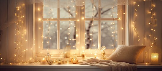 Festive home window with warm fairy lights - celebrate Christmas and New Year in cozy ambiance.