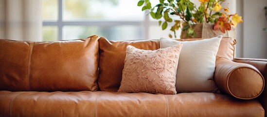 A close up of a living room s beige leather couch