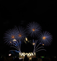Fireworks show under defocus or blur concepts with isolated black background at night, this...
