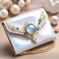 Exquisite soft wallet with mother-of-pearl, precious stones, and Color Series, capturing natural beauty and artistic comfort in a mysterious and enchanting style.(Generative AI)