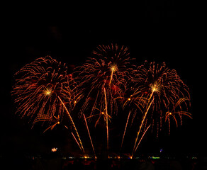 Fireworks show under defocus or blur concepts with isolated black background at night, this...
