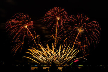 Fireworks show under defocus or blur concepts with isolated black background at night, this...