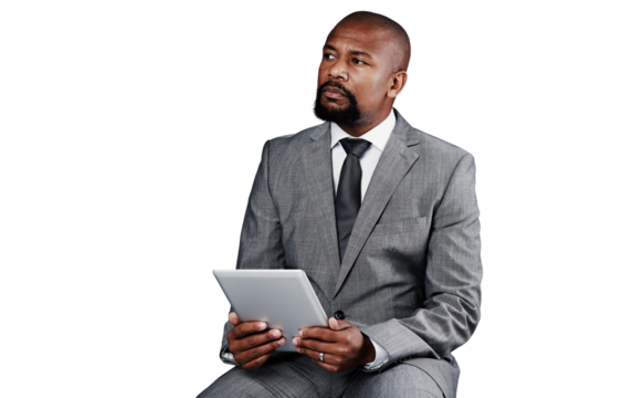 Thinking, tablet and business black man, manager or CEO brainstorming online problem solving solution, plan or ideas. Planning, web research and African agent isolated on transparent, png background