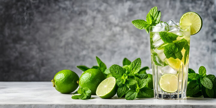 cocktail alcohol traditional fresh tropical beverage soda water and ice on white concrete table.