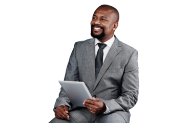 Businessman, tablet and smile or thinking, internet and networking or digital technology. Black male person, information and planning or research, app and isolated on transparent png background