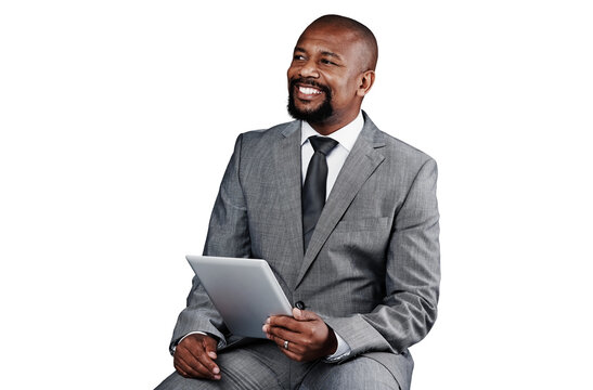 Businessman, tablet and smile or thinking, internet and networking or digital technology. Black male person, information and planning or research, app and isolated on transparent png background