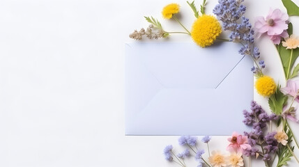 Envelope with mockup and spring flowers on white background