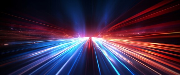 Obraz premium speed light line motion blur on dark background, data transfer simulation, blue to red lights