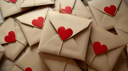 Craft envelopes with red heart. Romantic love letters - obrazy, fototapety, plakaty