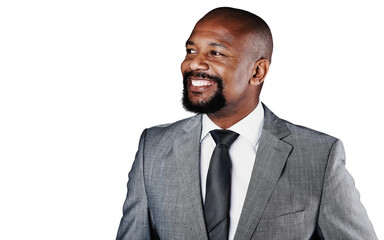 Happy black man, profile and thinking in business, job or career ambition isolated on a transparent PNG background. Face of African male person or businessman smile in suit for idea, vision or future