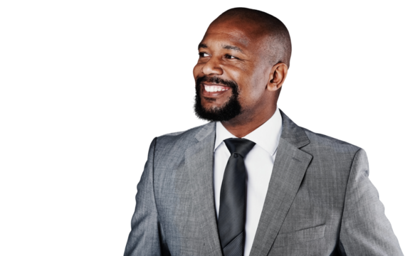 Happy black man, profile and thinking in business, job or career ambition isolated on a transparent PNG background. Face of African male person or businessman smile in suit for idea, vision or future