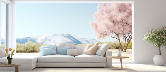 Scandinavian style interior with white living area sofa and window showcasing a summer landscape ing