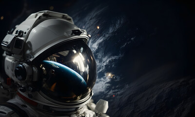 Head shot of spaceman or astronaut with background of space