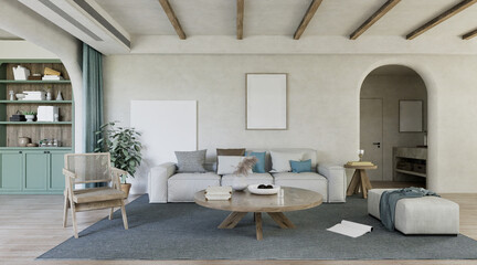 minimalism livingroom with sofa and table, wall mockup, frame mockup