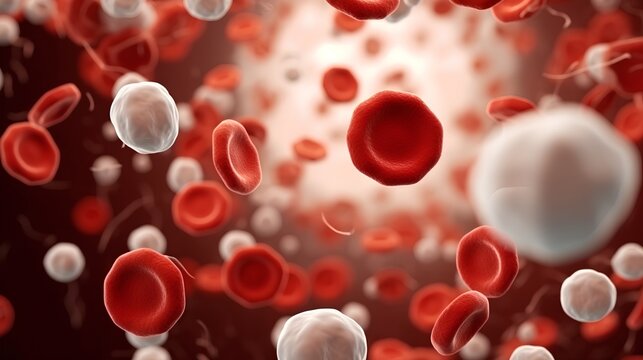 A highresolution microscopic view of human blood circulation showcasing red blood cells (erythrocytes) and white blood cells (leukocytes) flowing in a blood vessel.