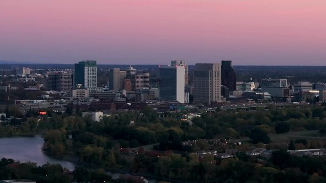 Zoomed in drone shot showing the Traffic in Sacramento on a fall day at sunset
