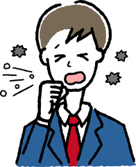 風邪をひいている男子学生。咳やくしゃみの症状。