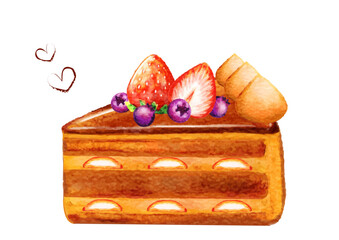 水彩で描いたフルーツとチョコレートケーキのイラスト
