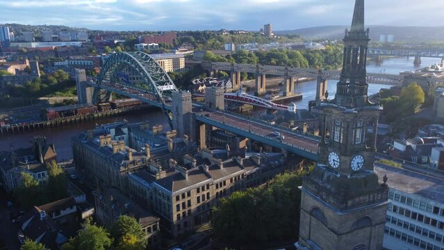 Cinematic drone video of Quayside and iconic bridges in Newcastle Upon Tyne, England