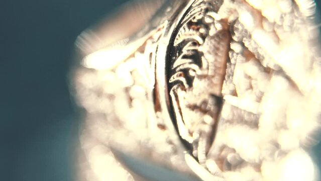 A macro detailed shot of a golden textured freemasons ring, on a rotating stand, mirror reflection, illuminati symbol, professional studio lighting, 4K video