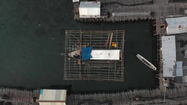 Top down view of local fishing boat at Belitung island Indonesia, aerial