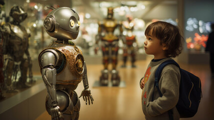 Young boy visiting a robot exhibition at a science museum - obrazy, fototapety, plakaty