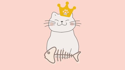 cat and fish skeleton, isolated illustration of cat and fish bones, cat wearing a crown