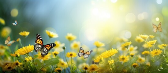 Butterflies float on yellow flowers amidst green trees, creating a captivating scene in the beautiful natural surroundings with the open sky and shining sun.