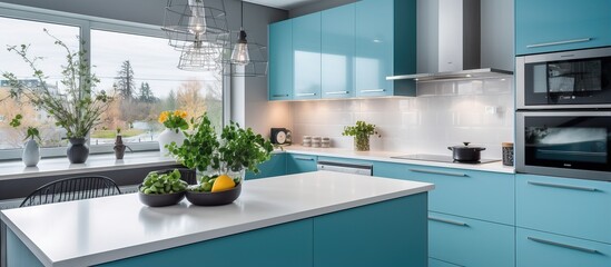 Cozy well designed teal blue and white modern kitchen interior details - obrazy, fototapety, plakaty